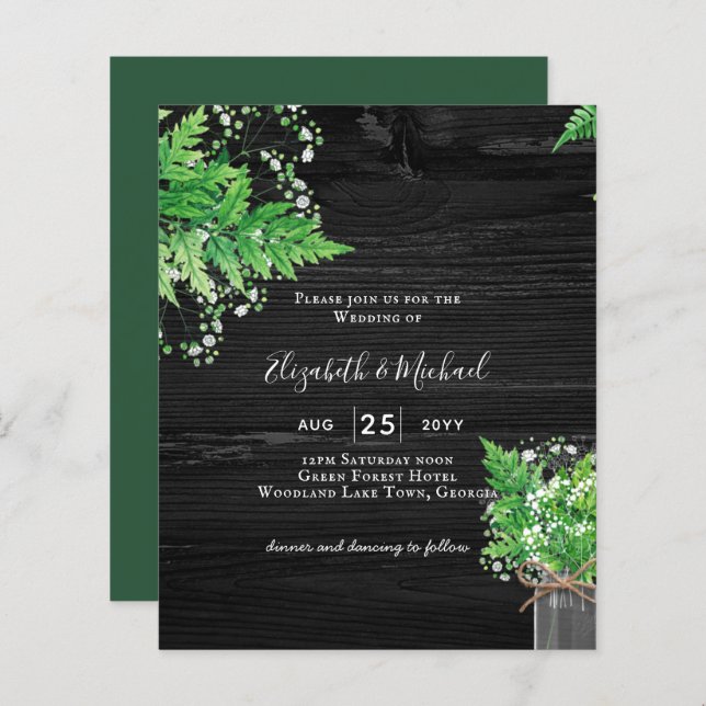 BUDGET Rustic Ferns Greenery Chic Wedding Einladun (Vorne/Hinten)