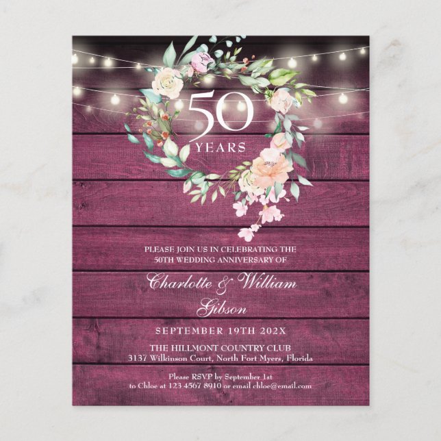 Budget Rustic Floral 50 Jahre Foto Einladung (Vorderseite)