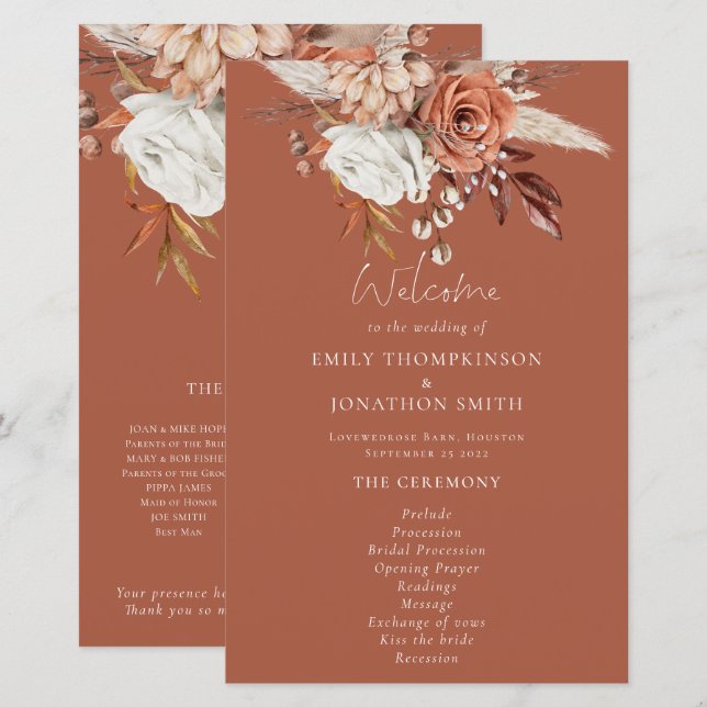 Budget Rustic Florals Terracotta Wedding Programm (Vorne/Hinten)