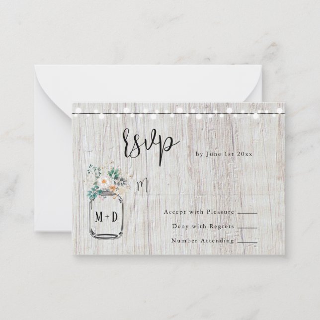 Budget Rustic Lights Mason Jar Wedding RSVP Card Mitteilungskarte (Vorderseite)