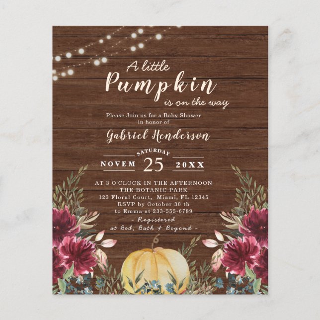 Budget Rustic Pumpkin Baby Dusche Licht Einladung (Vorderseite)
