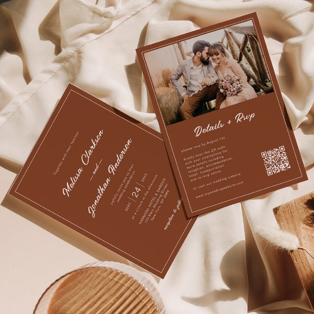 Budget Rustic Terracotta Foto QR Code Wedding Einladung (Von Creator hochgeladen)