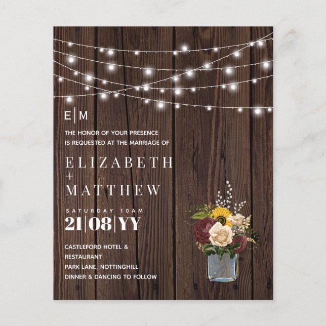 Budget Rustic Wood Burgundy Yellow Wedites Einladu (Vorderseite)