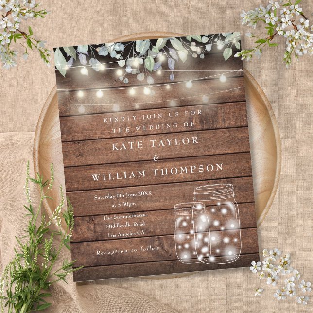 Budget Rustic Wood Lights Mason Jar Wedite Einladu (Budget Rustic Wood Lights Mason Jar Wedding Invite)