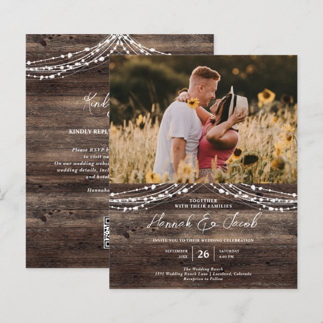 Budget Rustic Wood QR Code UAWG Hochzeit Einladung (Vorne/Hinten)