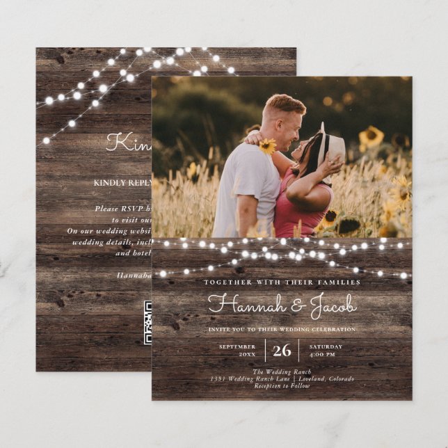 Budget Rustic Wood QR Code UAWG Wedite Einladung (Vorne/Hinten)