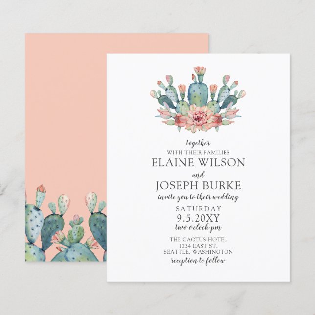 Budget Rustikale Blush Cacti Hochzeit Einladung (Vorne/Hinten)