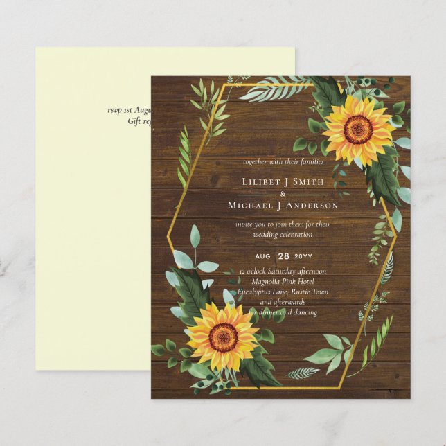BUDGET Rustikale BOHO Sonnenblumen Grüne Hochzeit (Vorne/Hinten)