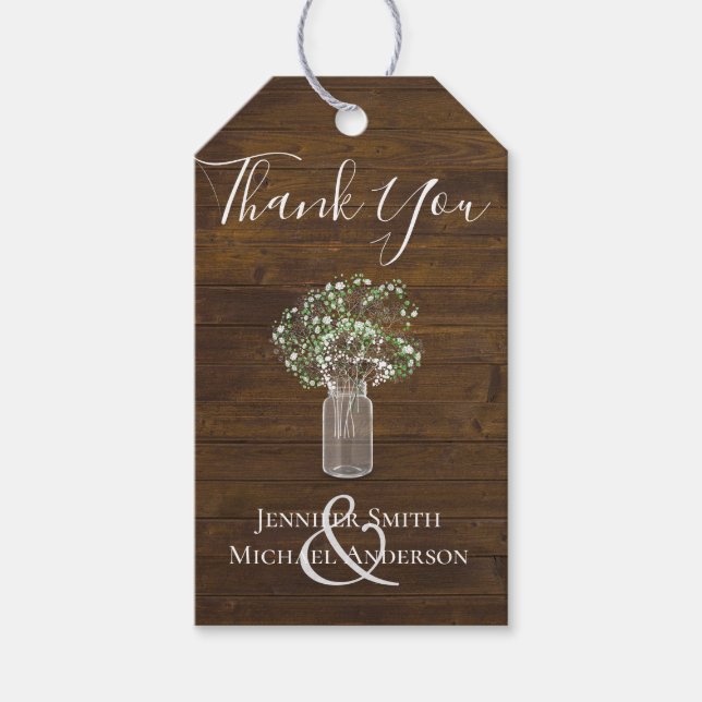 Budget Rustikale Gypsophila Mason Jar Wedding Geschenkanhänger (Vorderseite)