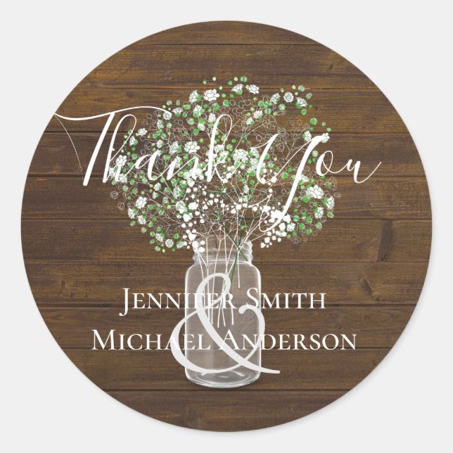 Budget Rustikale Gypsophila Mason Jar Wedding Runder Aufkleber (Vorderseite)