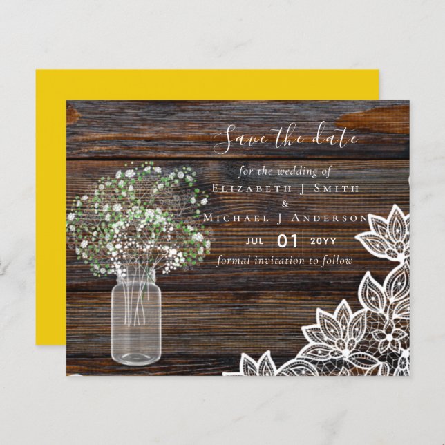 Budget Rustikale Rett Date Cards mit Babys Atem (Vorne/Hinten)