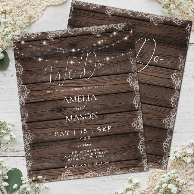 Budget Rustikale "We Do" SaitenLICHTEN Einladung z (Budget Rustic "We Do" String Lights Wedding invitation)