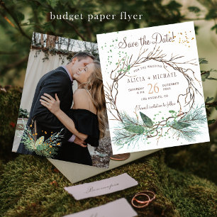 Budget rustikale Winterhochzeit FOTO Save-the-Date Flyer