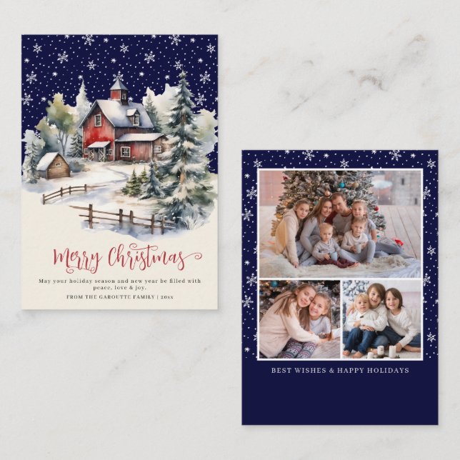 Budget Rustikaler Winter 3 Foto Frohe Weihnachten Mitteilungskarte (Vorne/Hinten)
