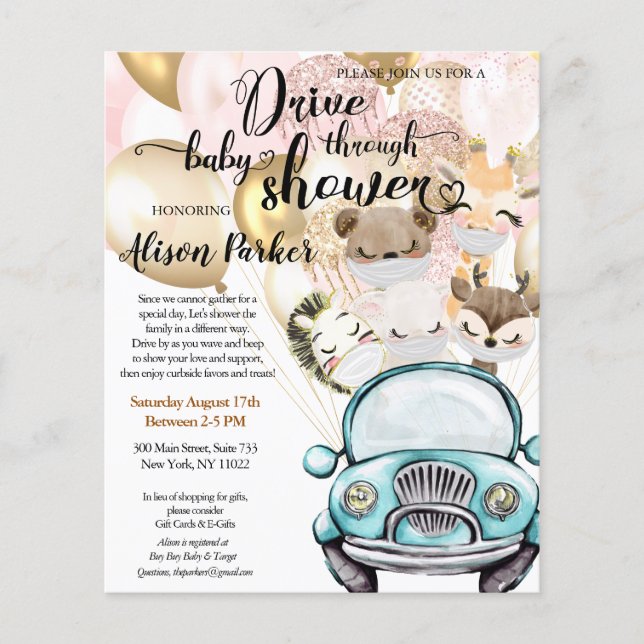 Budget Safari Animal Drive By Baby Shower Invite Flyer (Vorne)