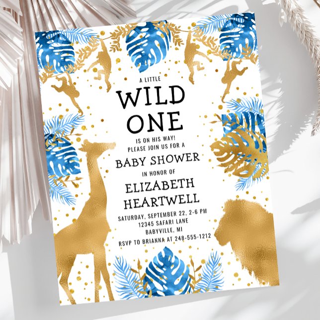 Budget Safari Baby Dusche Blue Gold Einladung (Von Creator hochgeladen)