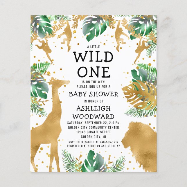 Budget Safari Baby Duwer Green Gold Einladung (Vorderseite)