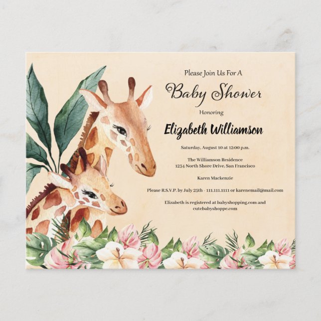Budget Safari Giraffe Animal Baby Dusche Flyer (Vorne)