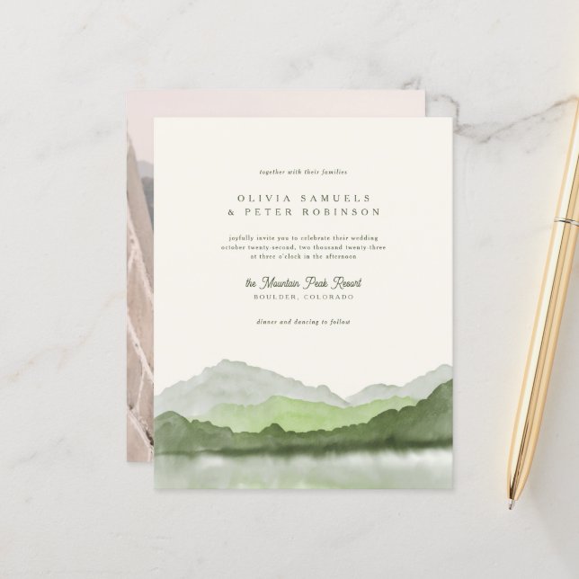 Budget Sage Boho Wasserfarbengebirge Foto Hochzeit (Vorderseite/Rückseite Beispiel)