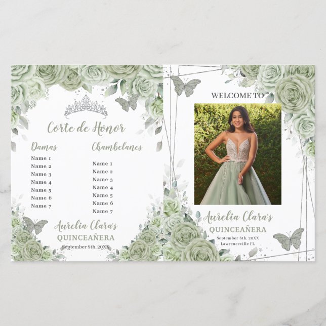 Budget Sage Green Floral Quinceanera Programme pho (Devant)