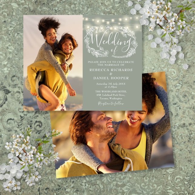 Budget Sage Green Lights 2 Foto Hochzeit Einladung (Budget Sage Green Lights 2 Photo Wedding Invite)