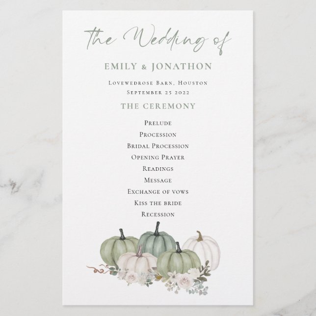 Budget Sage Pumpkins Cream Florals Wedding Program (Vorderseite)