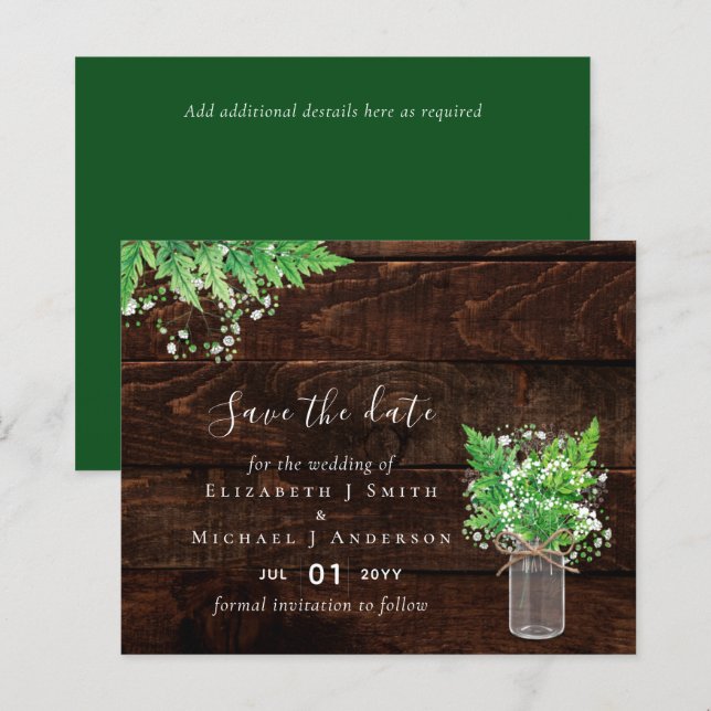Budget Save the Dates Grüne Ferns Wedding (Vorne/Hinten)