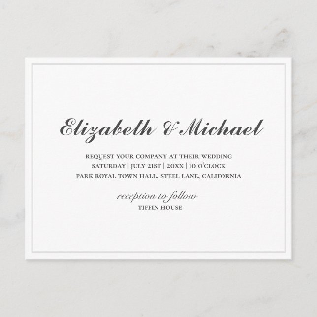Budget Schwarz und Weiß Elegante Hochzeitseinladun Postkarte (Vorderseite)