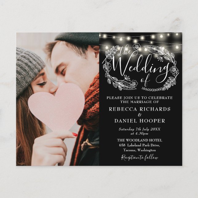 Budget Schwarz-weiße Hochzeitdetails Foto Einladun (Vorderseite)