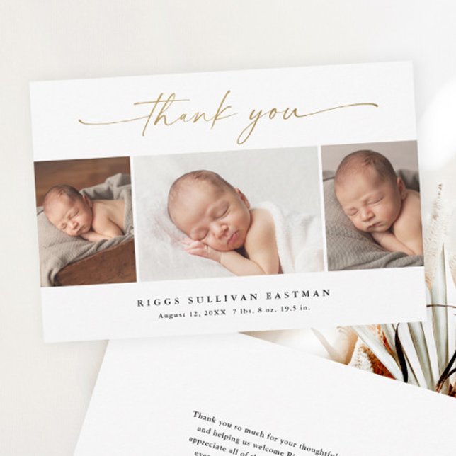 Budget Script 3 Foto Baby Ankündigung Vielen Dank (Elegant gold script 3 photo collage baby budget thank you card birth announcement.)