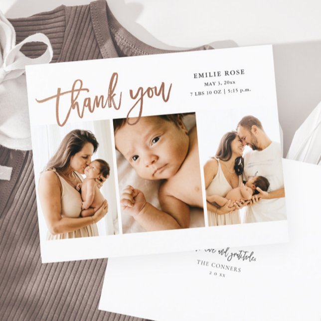 Budget Script 3 Foto Baby Danke Karte (Modern rose gold script lettering 3 photo baby thank you card brith announcement.)