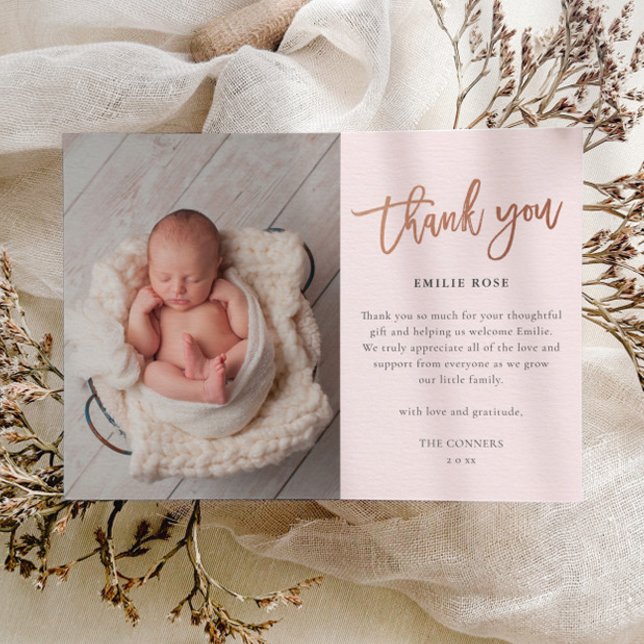 Budget Script Baby Foto Danke Karte (Elegant rose gold script modern baby photo thank you card.)