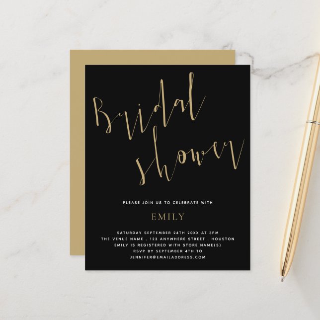 Budget Script Brautparty Gold Black Einladung (Vorderseite/Rückseite Beispiel)