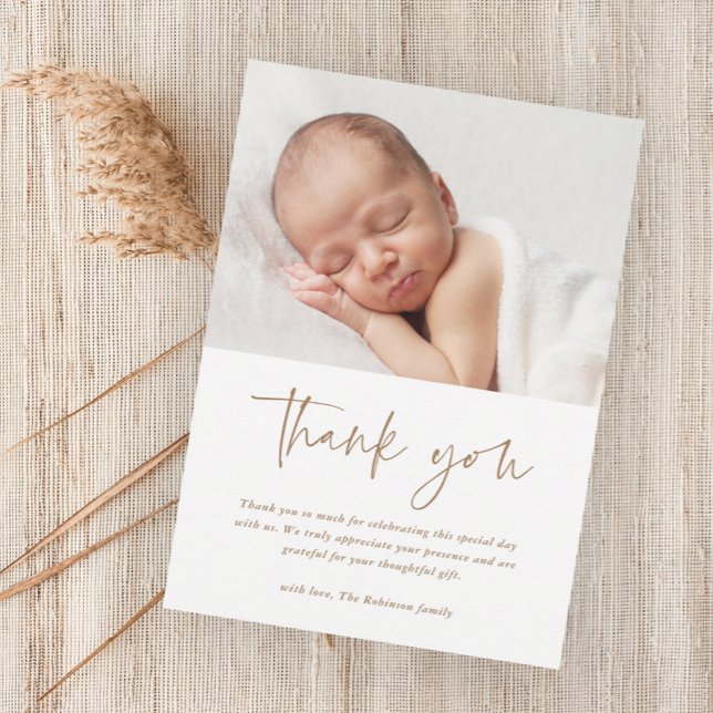 Budget Script Carte de remerciements du baptême re (Modern script baby photo budget baptism thank you card.)