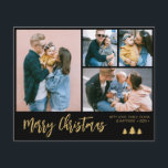 Budget Script Collage Pine Christmas Holiday Flyer<br><div class="desc">Budget Modernes, einfaches 4 Foto Collage Frohe Weihnachten Schwarz und Gold Pinsel Script Holiday Paper Flyer. Diese festliche, minimalistische, vier (4) Foto Familienurlaub-Karte verfügt über eine hübsche Collage aus Foto und Sprichwort "Frohe Weihnachten" Grußtext ist in einem handgeschriebenen Pinsel-Schriftart-Typ geschrieben. Auf der Rückseite verschneit Hintergrund. Hübsche Grußkarte für Ihre Familie...</div>