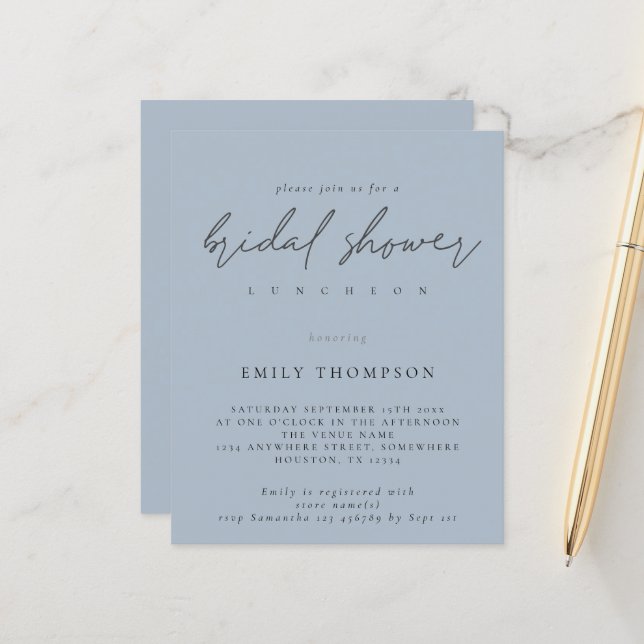 Budget Script Dusty Blue Bridal Shower (Vorderseite/Rückseite Beispiel)