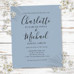 Budget Script Dusty Blue Wedding Einladung<br><div class="desc">Mit seinen charakteristischen Stilnamen kann diese elegante,  preisgekrönte blaue Hochzeitseinladung mit Ihren Informationen in schicker Schrift personalisiert werden. Entwickelt von Thisisnotme©</div>