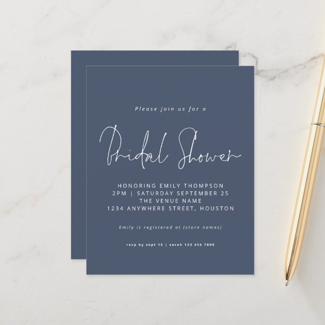 Budget Script Dusty Navy Blue Brautparty Einladung (Vorderseite/Rückseite Beispiel)