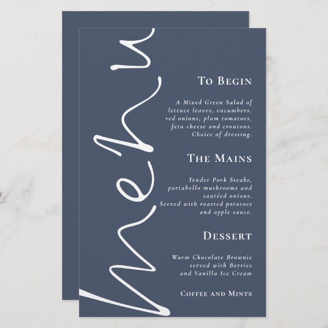 Budget Script Dusty Navy Blue Wedding Menu (Vorne/Hinten)