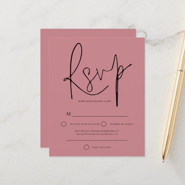 Budget Script Dusty Rose Wedding RSVP (Vorderseite/Rückseite Beispiel)
