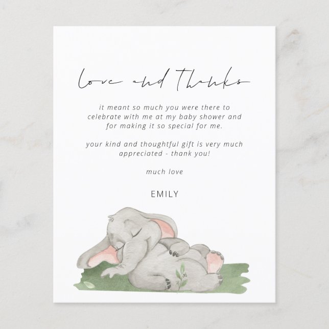 Budget Script Elephant Baby Dusche Liebe und Danke (Vorderseite)