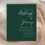 Budget Script Emerald Green Wedding Einladung<br><div class="desc">Diese einfache,  moderne Hochzeitseinladung mit weißem Text auf smaragdgrünem Hintergrund. Fügen Sie die Namen der Braut und Bräutigam in stilvoller Handschrift Kalligraphie und die Details in sans serif Schriftart. Die Rückseite ist ein passender Schatten von solidem Smaragdgrün.</div>