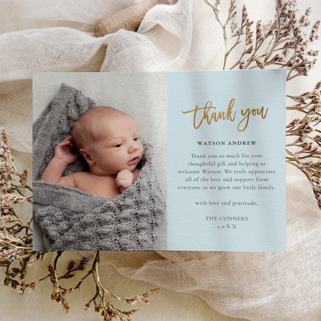 Budget Script Foto Baby Boy Danke Karte (Light blue boys photo baby thank you card.)