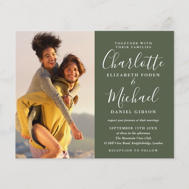 Budget Script-Foto Hochzeit Olive Green Einladung (Vorderseite)