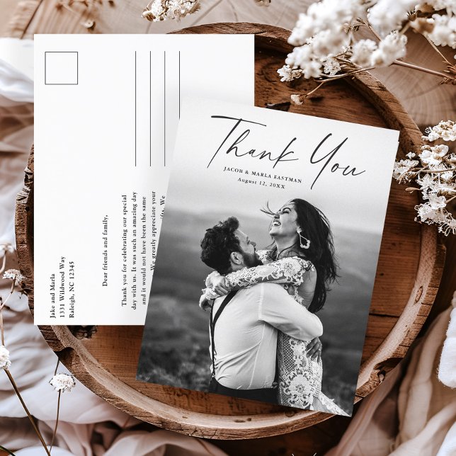 Budget Script Foto Hochzeit Vielen Dank Karte (Modern script wedding photo thank you postcard.)