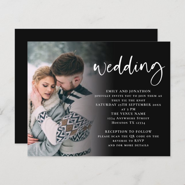 Budget Script Foto QR Code Weiße Schwarze Einladun (Vorne/Hinten)