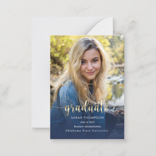 Budget Script Navy Blue Foto Collage Abschluss Mitteilungskarte (Vorderseite)