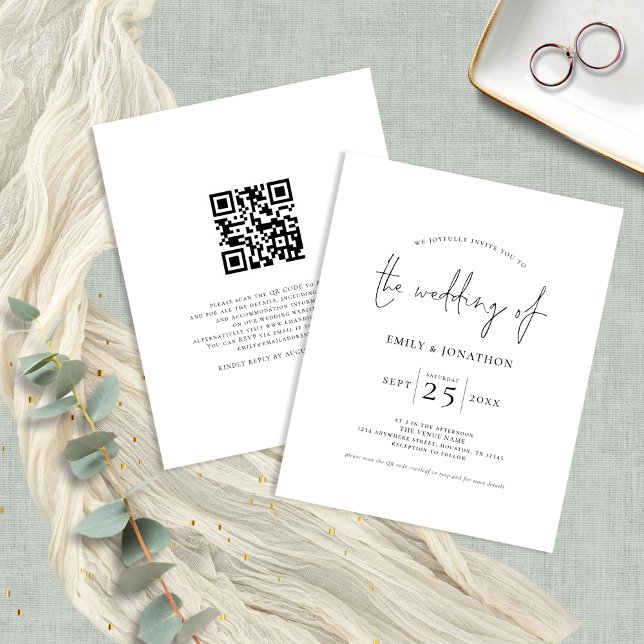 Budget Script QR Code Schwarz-weiß Wedding Einladu (Front and back view)