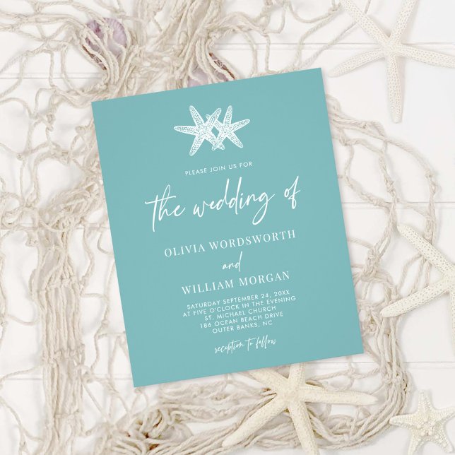 Budget Sea Glass Blue Starfish Moderne Hochzeit Flyer (Von Creator hochgeladen)