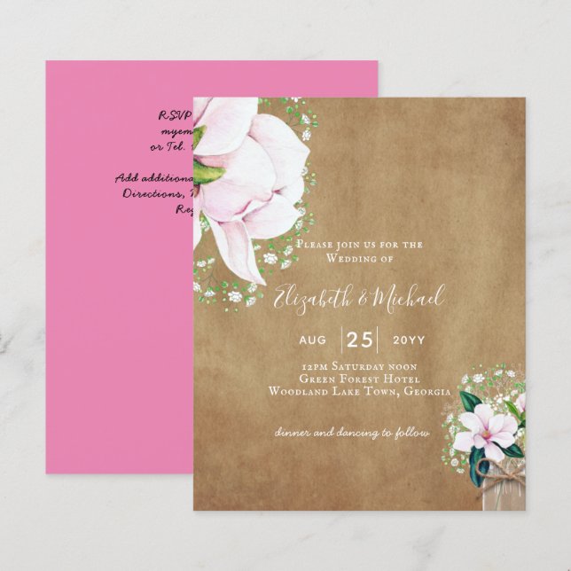 BUDGET Shabby Pink Magnolia Chic Wedite Einladung (Vorne/Hinten)